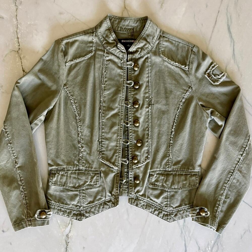 Olive Green Military Chanel Style Jacket Brass Buttons Coffee Shop Women Large